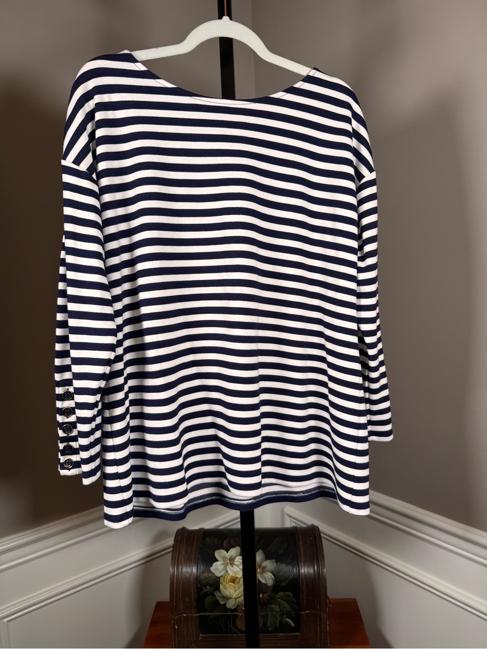 Jones New York Signature Navy White Striped Boat Neck Top XL